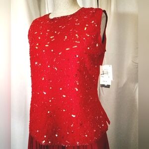 Notations Sparkle Tank Top. Women, Red Sequin And Beads Sleeveless, Round Neck,S